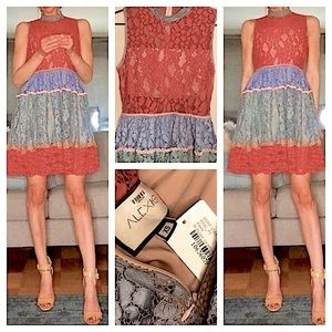 Alexis Lace Tiered Mini Dress Vedette High Neck Bandeau Colorful Designer 0 $583